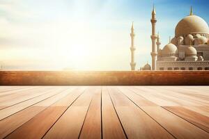 AI generated Empty beautiful wood table top counter and blur bokeh mosque in background photo