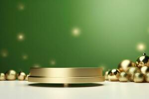 AI generated 3d rendered green Podium display for merry Christmas event photo