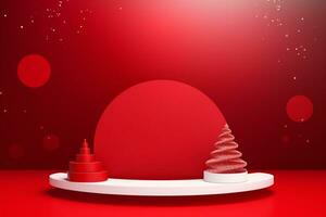 AI generated merry Christmas 3d rendered red Podium display for event photo