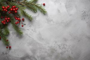 ai generado Navidad composición de abeto árbol ramas con regalos en blanco de madera antecedentes foto