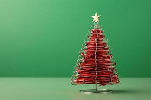 AI generated Red Christmas tree made up with paper clip and wire bokeh blurred background copy space photo