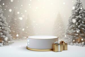 AI generated 3d rendered white and snowy Podium display for merry Christmas event photo