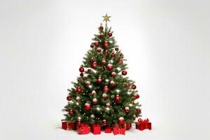 AI generated decorated Christmas tree on white background photo