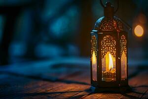 ai generado ornamental Arábica linternas reluciente dorado bokeh luces en el mesa foto