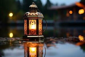 AI generated Lantern with bokeh lights for Islamic new year and Ramadan Kareem concept. photo