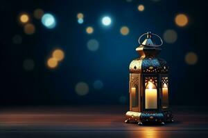 AI generated Ornamental Arabic lanterns. Glittering golden bokeh lights on the table photo