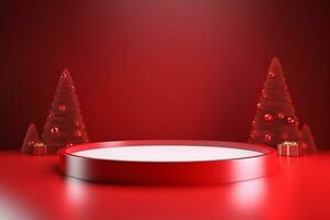 AI generated 3d rendered red Podium display for merry Christmas event photo