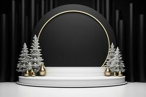 AI generated merry Christmas 3d rendered black and white Podium display for event photo