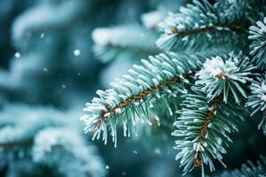 AI generated Snowflakes settling on pine branches under soft winter photo