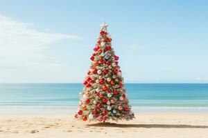 AI generated Christmas tree and gifts over beach background photo