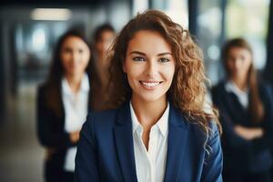 ai generado retrato de exitoso y contento mujer de negocios, oficina trabajador sonriente y mirando a cámara, trabajando dentro moderno oficina. foto