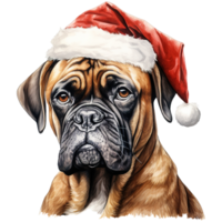 ai genererad boxare hund bär en santa hatt. ai genererad bild png