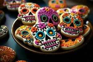AI generated Day of the Dead Decorated Sugar Cookies Festive photo