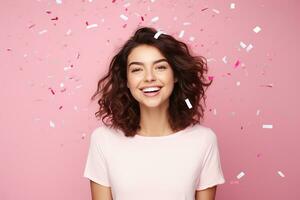 AI generated Portrait of beautiful young woman with confetti on isolated background generative AI photo