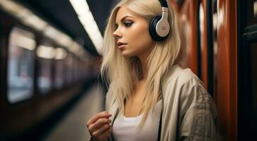 AI generated pretty fashion girl on abstract background with headphones, girl listening to music with headphones, fashion girl on abstract background photo