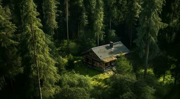 AI generated house in the woods, house in the forest, modern designed wooden house in the forest photo