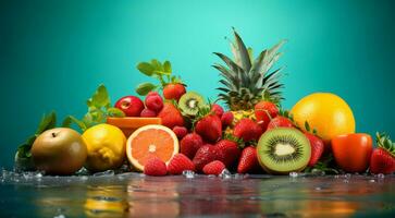 AI generated delicious colored fruits on colored background, wallpaper of fruits, sliced fruits on abstract background, fruits background photo