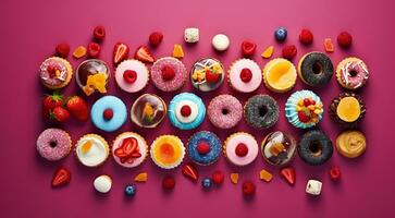 AI generated colored sweets on abstract background, colored candy on background, sweet cookies on colorful background, sweets wallpaper photo