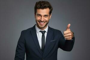 AI generated young smiling man in formal wear pointing with finger on you photo