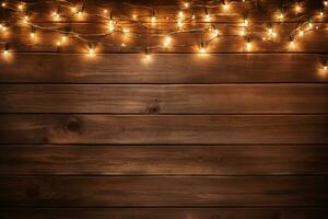 AI generated Empty rustic wooden table in front of christmas light night,abstract circular bokeh background photo