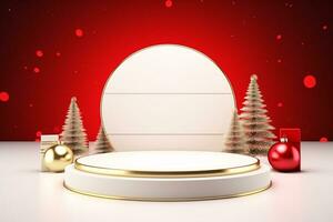 AI generated merry Christmas 3d rendered red Podium display for event photo