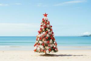 AI generated Christmas tree and gifts over beach background photo