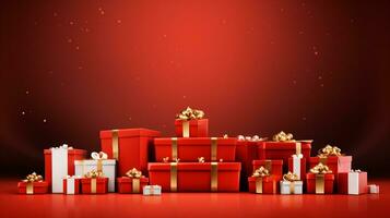 AI generated red Christmas gift on red background photo