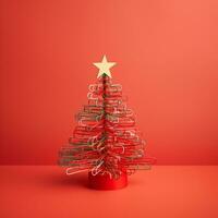 AI generated Red Christmas tree made up with paper clip and wire bokeh blurred background copy space photo