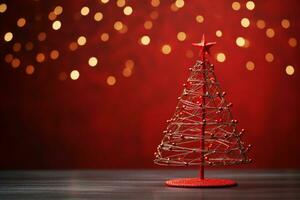 AI generated Red Christmas tree made up with paper clip and wire bokeh blurred background copy space photo