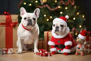 AI generated two dogs sitting on Christmas gifts photo