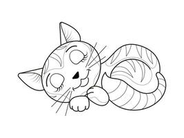 Funny sleeping cute cat. Black and white linear image. The illustration is done by hand in a cartoon style. Concept for greeting cards, coloring pages. vector