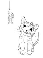 A funny cute cat licks his lips when he sees a fish on a hook. Black and white linear image. The illustration is done by hand in a cartoon style. Concept for greeting cards, coloring pages. vector