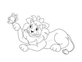 Lion playing with a butterfly. Coloring book for children. Hand drawn lion outline illustration. vector