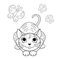 Funny cute cat watches butterflies. Black and white linear image. The illustration is done by hand in a cartoon style. Concept for greeting cards, coloring pages. vector