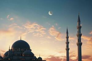 ai generado Ramadán kareem alto minaretes, mezquita Hazme y creciente y brillante estrella en el cielo. religioso antecedentes. foto