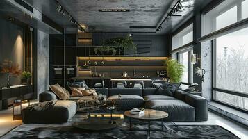 AI generated Black living room interior design with sofa minimal aesthetic 3d rendered photo