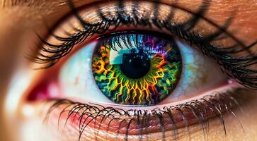 AI generated close up of eye, close up of a female eye, colored eye background, female eye background photo