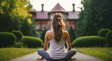 AI generated young woman meditating in yoga pose in nthe nature, woman meditating in nature, woman doing yoga exercise, woman doing yoga in outdoor photo