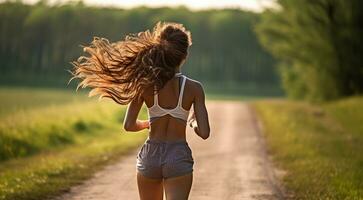 ai generado bonito niña corriendo en naturaleza, Deportes niña correr, joven mujer es corriendo foto