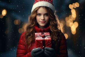 AI Generated Beautiful teenage girl holding a red Christmas gift box. Holiday mood. Winter, lights at the background. AI Generated photo