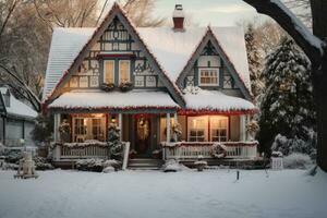 Beautiful house decorated for Christmas. Winter scene. Snow on the roof, ground and trees. AI Generated photo