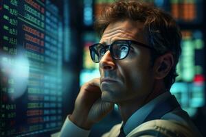 Broker trading stocks looking at screen with data and charts. Businessman wearing glasses. AI Generated photo