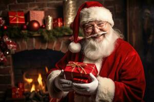 Smiling Santa Claus holding a Christmas gift by the fireplace. AI Generated photo