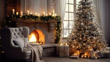 AI Generated Living room with a fireplace, decorated New Year tree, candles and gift boxes. Christmas ambience. AI Generated photo