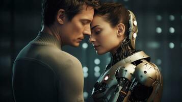 Female android robot and man. Love between artificial cyborg and real human. Concept of the future. AI Generated photo