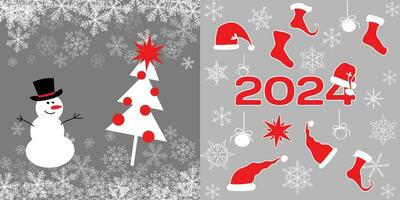 New Year 2024 card cover with snowman and Christmas tree. vector