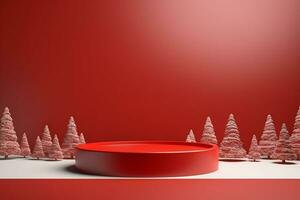 AI generated merry Christmas 3d rendered red Podium display for event photo