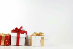 AI generated christmas gifts boxes on white background photo