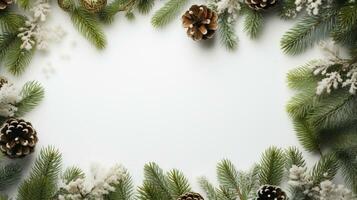 ai generado Navidad composición de abeto árbol ramas con adornos y regalos en blanco antecedentes foto