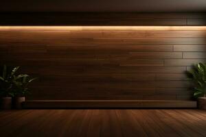 AI generated 3d rendered empty wooden room with lights and copy space photo